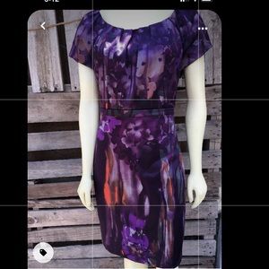 Tahari cap sleeve pleated neck purple floral dress